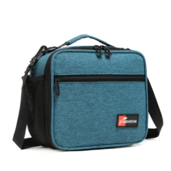 3D angled view of a deep teal textured lunch bag showing the black piping and front pocket. Versatile daily cooler by a leading Backpack Supplier.