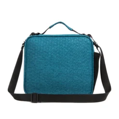 Back view of a teal blue geometric ripstop textured lunch bag with a black adjustable shoulder strap. Custom insulated lunch bag by a professional Backpack Manufacturer.