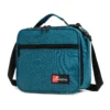 Slanted view of a teal blue ripstop textured lunch bag with a front zipper pocket and a red logo patch. Functional commuter cooler by a Backpack Supplier.
