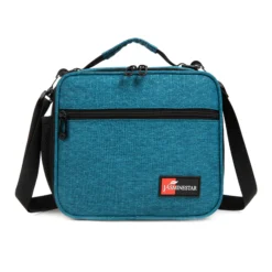 Front view of a teal blue ripstop lunch bag with a large front pocket and dual zipper pulls. Versatile insulated lunch box by a Custom Backpack Manufacturer.