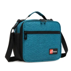 3D angled view of a teal blue geometric ripstop lunch bag showing the black piping and front pocket. Versatile daily cooler by a leading Backpack Supplier.
