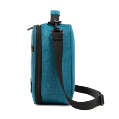Side profile of a teal blue ripstop lunch bag showing its depth and adjustable black shoulder strap. High-density fabric bag by a Backpack OEM Supplier.