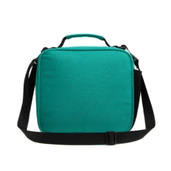 Back view of a teal emerald textured lunch bag with a black adjustable shoulder strap. Custom insulated lunch bag by a professional Backpack Manufacturer.