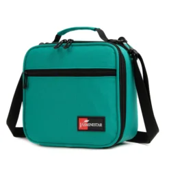 Slanted view of a teal emerald textured lunch bag with a front zipper pocket and a red logo patch. Functional commuter cooler by a Backpack Supplier.