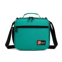 Front view of a teal emerald lunch bag with a large front pocket and dual zipper pulls. Versatile insulated lunch box by a Custom Backpack Manufacturer.