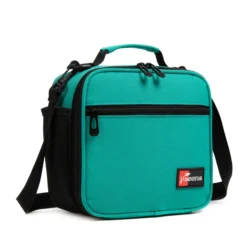 3D angled view of a teal emerald textured lunch bag showing the black piping and front pocket. Versatile daily cooler by a leading Backpack Supplier.
