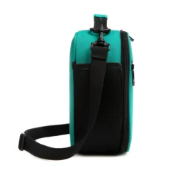 Side view of a teal lunch bag showing a large black mesh water bottle pocket and a sturdy strap swivel clip. Functional daily cooler by a Backpack Manufacturer.