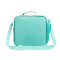 Back view of a mint green and tropical floral lunch bag with an adjustable shoulder strap. Custom insulated lunch bag by a professional Backpack Manufacturer.