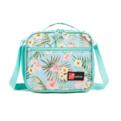 Front view of a mint green lunch bag featuring a vibrant tropical hibiscus and palm leaf print. Versatile insulated lunch box by a Custom Backpack Manufacturer.