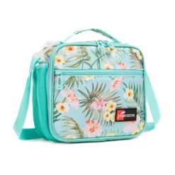 3D angled view of a mint green tropical floral lunch bag showing the side mesh pocket and front zipper. Versatile daily cooler by a leading Backpack Supplier.