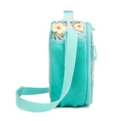Side view of a mint green lunch bag showing a large mesh water bottle pocket and a white strap swivel clip. Fresh daily cooler by a Backpack Manufacturer.