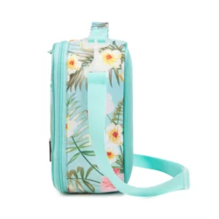 Side profile of a mint green floral lunch bag showing its depth and tropical plant pattern. High-density fabric bag by a Backpack OEM Supplier.