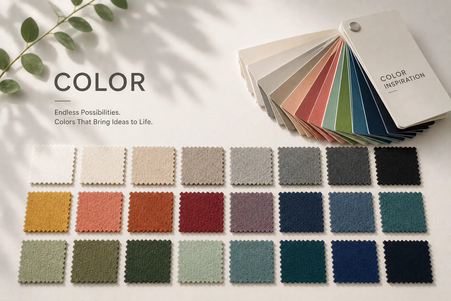 A flat lay of color swatches in a grid, including neutrals, earth tones, greens, and blues. Custom Backpack Manufacturer color customization options.