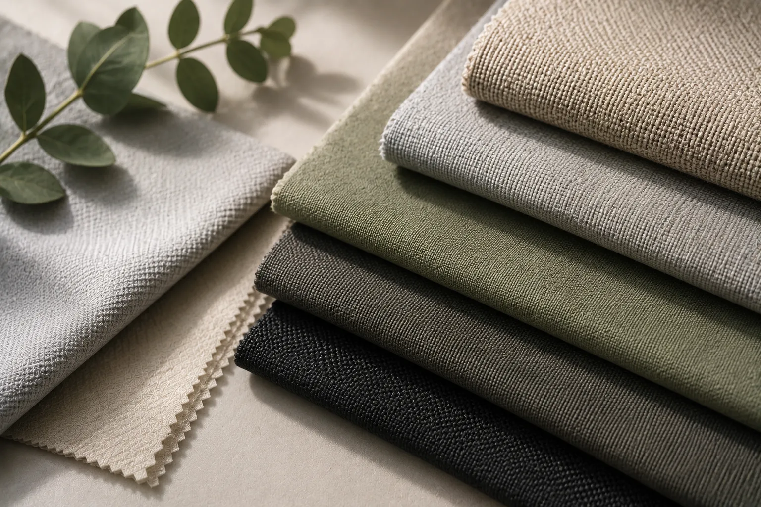 A neatly stacked collection of fabric swatches in various colors and rich woven textures. Custom Backpack Manufacturer material library.