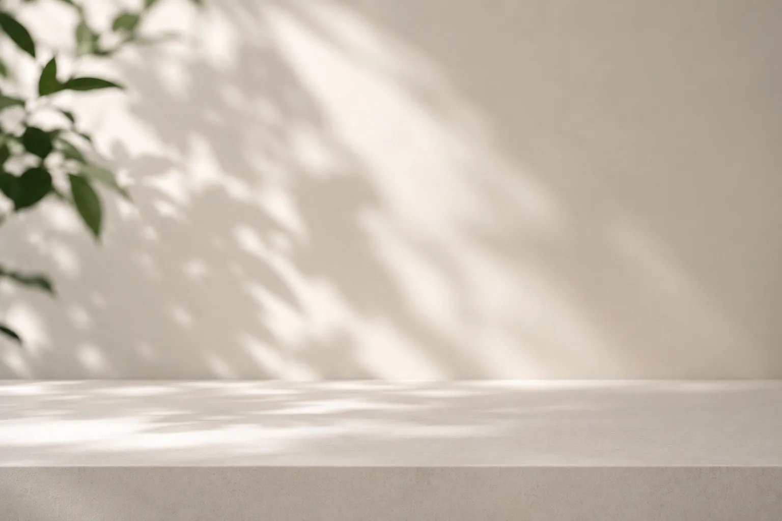 Minimalist empty light podium with soft shadows from a green plant. Ideal product placement background for a Backpack Manufacturer supplier.