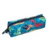 Teal cartoon dinosaur pencil pouch with a navy zipper. Matching stationery case by a Backpack Supplier.