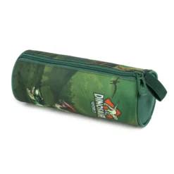 Cylindrical dinosaur world pencil case with a green zipper and side loop. Matching school pouch by a Backpack Manufacturer.