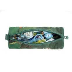 Open dinosaur pencil case filled with stationery, scissors, and a small toy. Spacious kids' pouch by a Backpack Supplier.