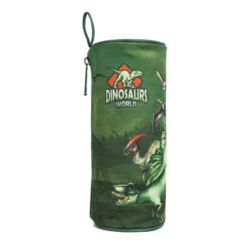 Upright side view of a green dinosaur pencil case showing the 