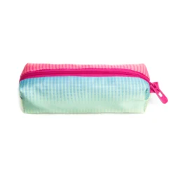 Front view of a pastel dot-pattern pencil case with pink zipper. Custom stationery pouch by a Backpack Manufacturer.