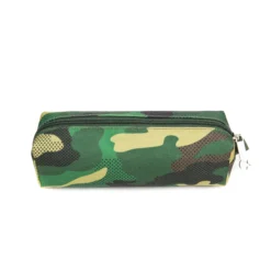Front view of a matching camouflage pencil case with a green zipper and a star-shaped zipper pull. Matching stationery pouch by a Backpack OEM Supplier.