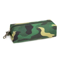 3D angled view of a matching camouflage pencil case with a green zipper and star-shaped zipper pull. Compact school pouch by a Custom Backpack Manufacturer.