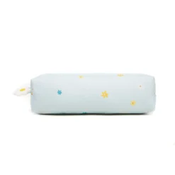 Front view of a matching mint green daisy-patterned pencil case with a cute daisy-shaped zipper pull. Matching stationery pouch by a Backpack OEM Supplier.