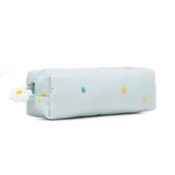 3D angled view of a matching mint green daisy-patterned pencil case with a daisy-shaped zipper pull. Compact school pouch by a Custom Backpack Manufacturer.