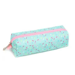 3D angled view of a matching mint sprinkle-patterned pencil case with a pink zipper and star-shaped zipper pull. Compact school pouch by a Custom Backpack Manufacturer.