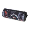 Cylindrical camouflage pencil case with a large red monster truck wheel graphic. Matching school accessory by a Backpack Manufacturer.