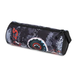 Cylindrical camouflage pencil case with a large red monster truck wheel graphic. Matching school accessory by a Backpack Manufacturer.