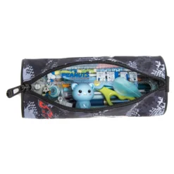 Open cylindrical pencil case filled with pens, scissors, and a small bear figurine. Spacious stationery pouch by a Backpack Manufacturer.