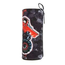 Upright cylindrical pencil case showing a side graphic of a monster truck with flames. Branded accessory by a Custom Backpack Supplier.