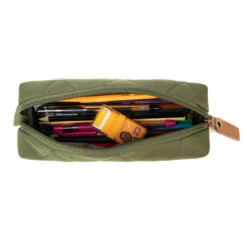 Open olive green quilted pencil case filled with pens and a sharpener. Spacious stationery pouch by a Backpack Supplier.