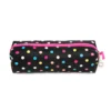 Front view of a matching black polka dot pencil case with a pink zipper and a star-shaped zipper pull. Matching stationery pouch by a Backpack OEM Supplier.