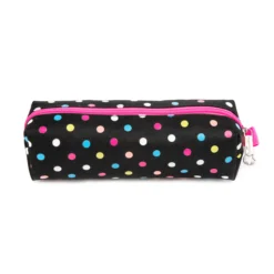 Front view of a matching black polka dot pencil case with a pink zipper and a star-shaped zipper pull. Matching stationery pouch by a Backpack OEM Supplier.