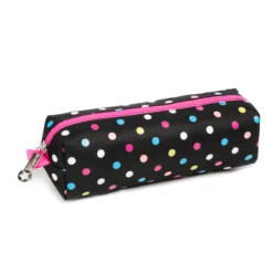 3D angled view of a matching black polka dot pencil case with a pink zipper and star-shaped zipper pull. Compact school pouch by a Custom Backpack Manufacturer.