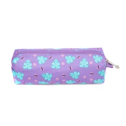 Front view of a matching purple leaf-patterned pencil case with a purple zipper and a star-shaped zipper pull. Matching stationery pouch by a Backpack OEM Supplier.