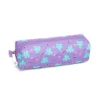 3D angled view of a matching purple leaf-patterned pencil case with a purple zipper and star-shaped zipper pull. Compact school pouch by a Custom Backpack Manufacturer.