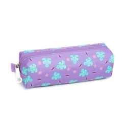 3D angled view of a matching purple leaf-patterned pencil case with a purple zipper and star-shaped zipper pull. Compact school pouch by a Custom Backpack Manufacturer.