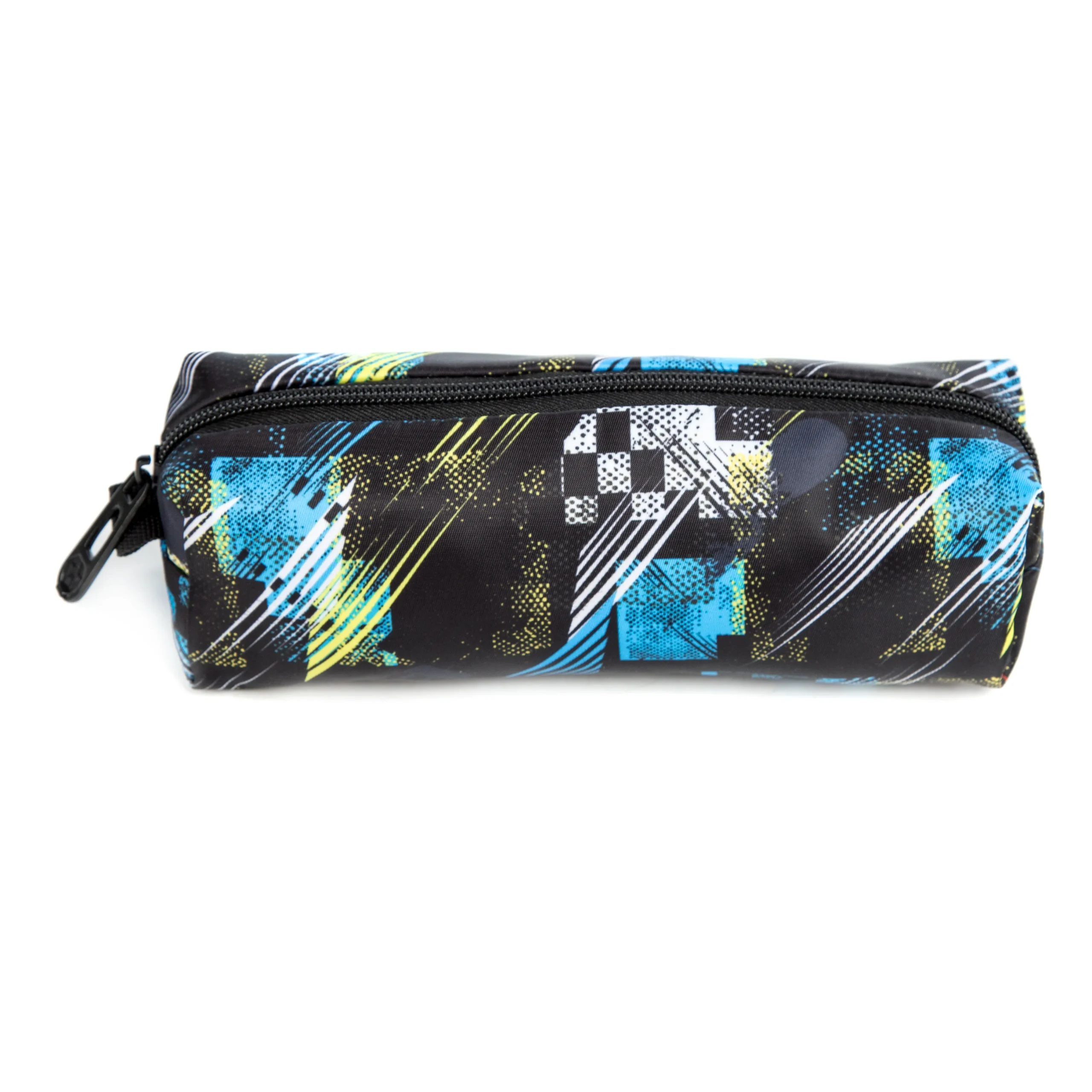 Black geometric pencil case with a black zipper. Matching school stationery pouch by a Backpack Manufacturer.