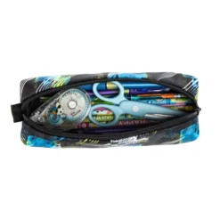 Open geometric pencil case filled with scissors, pens, and correction tape. Spacious design by a custom Backpack Supplier.