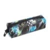 3D angled view of a black patterned pencil case with zipper pull. Quality accessory production by a Backpack Manufacturer.