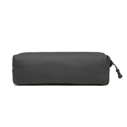 Front view of a sleek black pencil case with a cord zipper pull. Minimalist stationery pouch by a Backpack Supplier.