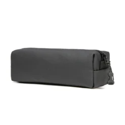 3D angled view of a black pencil case with a cord zipper pull. Sleek stationery pouch by a leading Backpack Manufacturer.