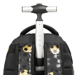 Close-up of a black and gold soccer rolling backpack showing the extended silver telescopic handle and patterned shoulder straps. Custom sports rolling backpack by a professional Backpack Manufacturer.
