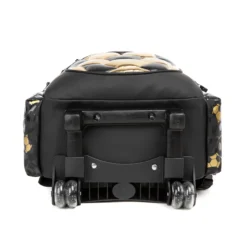 Bottom view of a sports rolling backpack showing a reinforced black base, a built-in name tag, and durable clear double wheels. Heavy-duty base by a Backpack Supplier.
