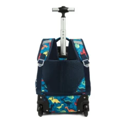 Back view of a teal cartoon dinosaur rolling backpack with a telescopic handle. Ergonomic school bag by a leading Backpack Manufacturer.