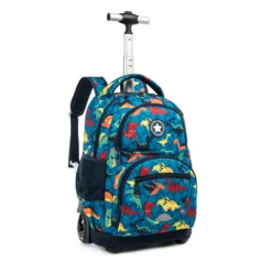Angled view of a cartoon dinosaur rolling backpack with an extended handle. Trendy school trolley by a Custom Backpack Manufacturer.