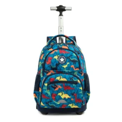 Front view of a teal cartoon dinosaur rolling backpack with an extended handle. Fun school bag by a Backpack Manufacturer.